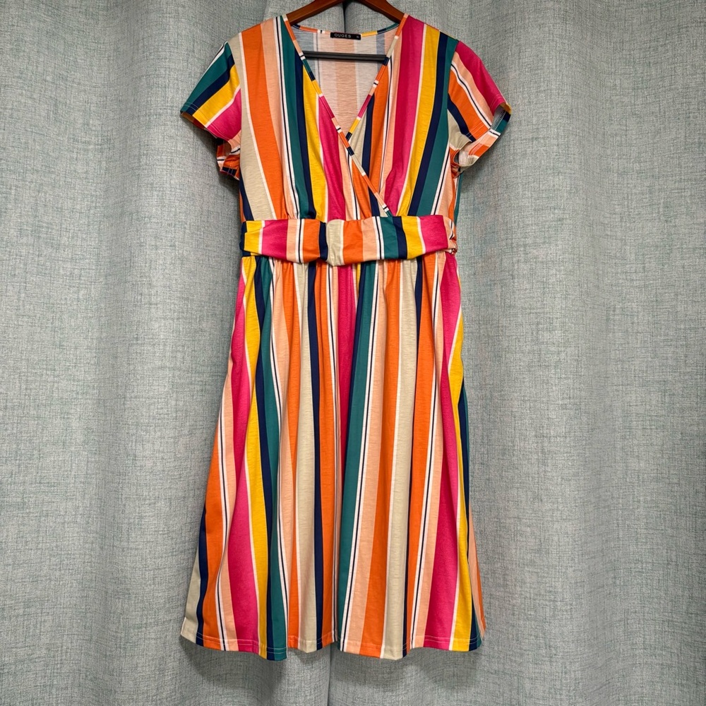 OUGES Multicolor Striped Belted Midi Dress